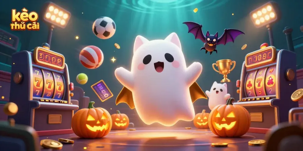 Engage with the kèo nhà cái scene showcasing a ghost cat and vampire bat among dynamic casino elements.