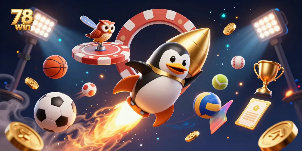 Experience thrilling gaming at 78 win with a cartoon penguin racing towards a jackpot.