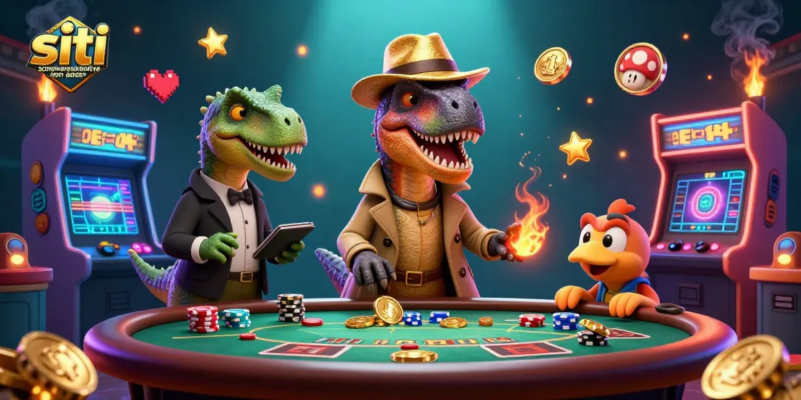 Scene dinamica di un velociraptor che fa carte in un casinò, rappresentando siti scommesse sportive non aams.
