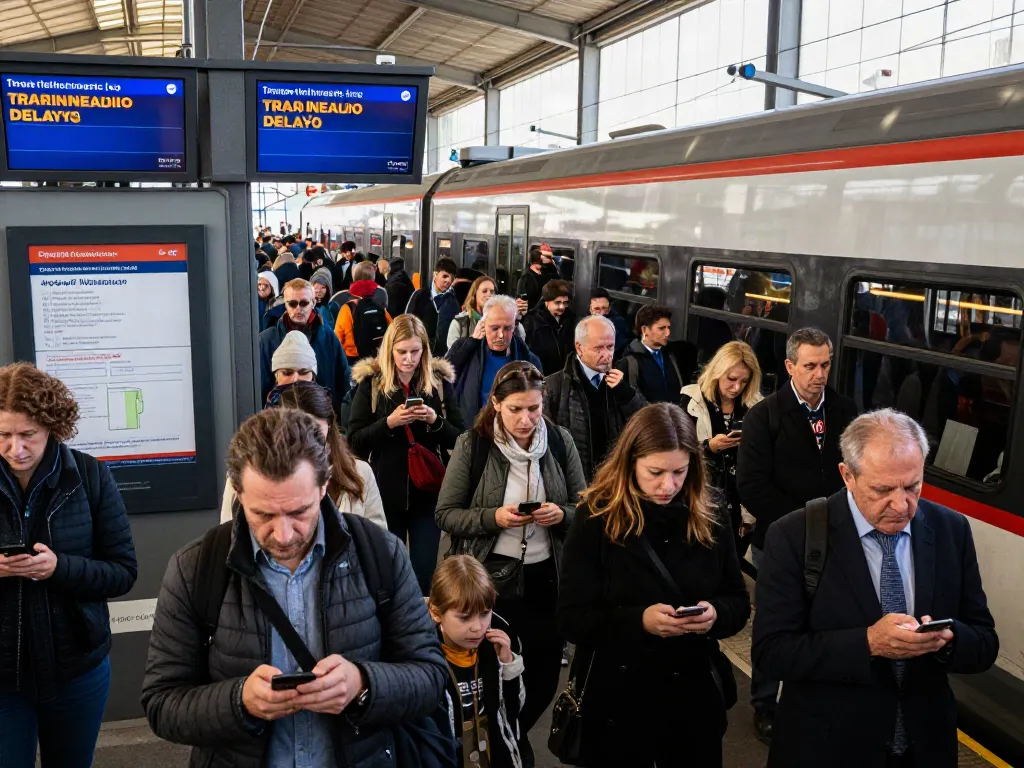 Train strikes impact commuters at an Italian train station, highlighting frustration and urgency.