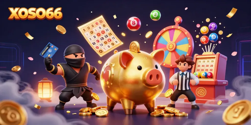 Engage in thrilling lottery action at XOSO66 with dynamic characters and colorful gaming elements.