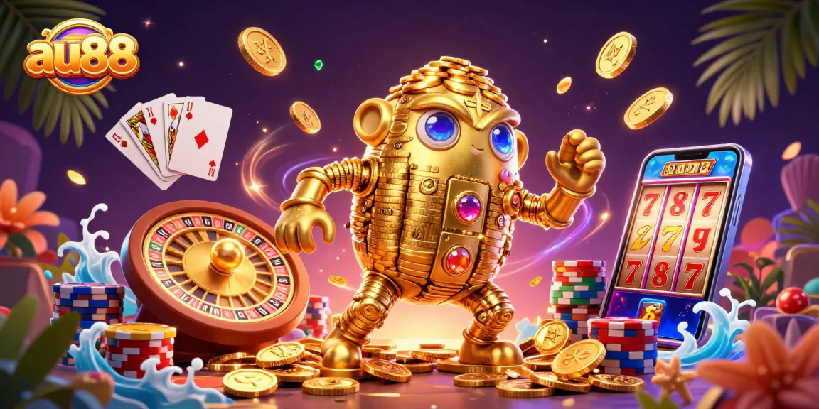 Experience the excitement of au88 with vibrant casino elements and a golden golem amidst cascading coins.