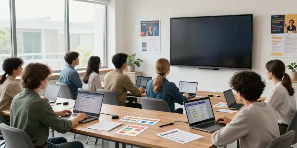 Toto students learning through interactive online English courses in a modern classroom