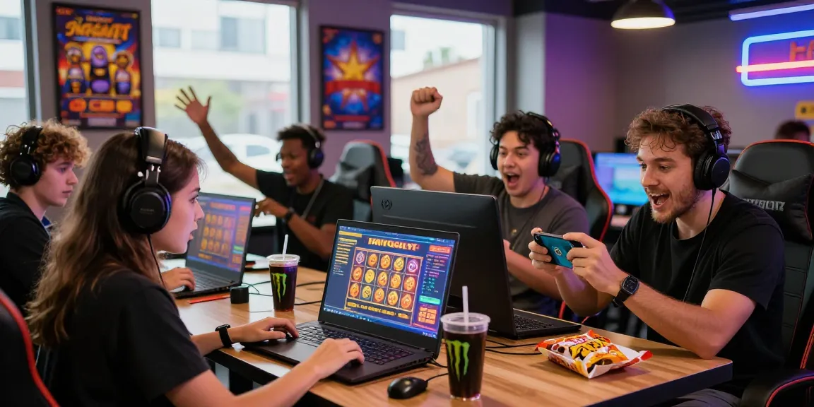 Engaged players celebrating wins on HWGSLOT at a vibrant gaming café with laptops and mobile devices.