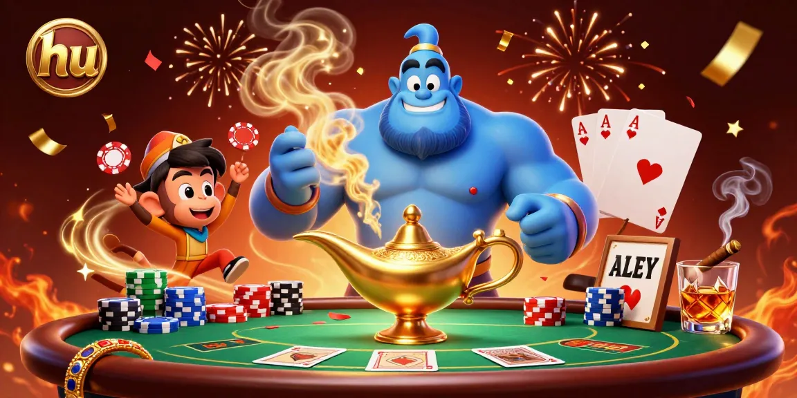 Experience thrilling gameplay with hu as a muscular blue genie and poker chips create magic on a vibrant casino scene.