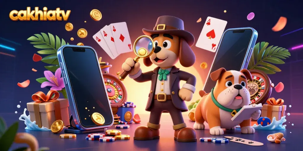 Cakhiatv showcases a lively 3D scene with a detective dog examining poker clues, surrounded by casino elements and vibrant golden coins.