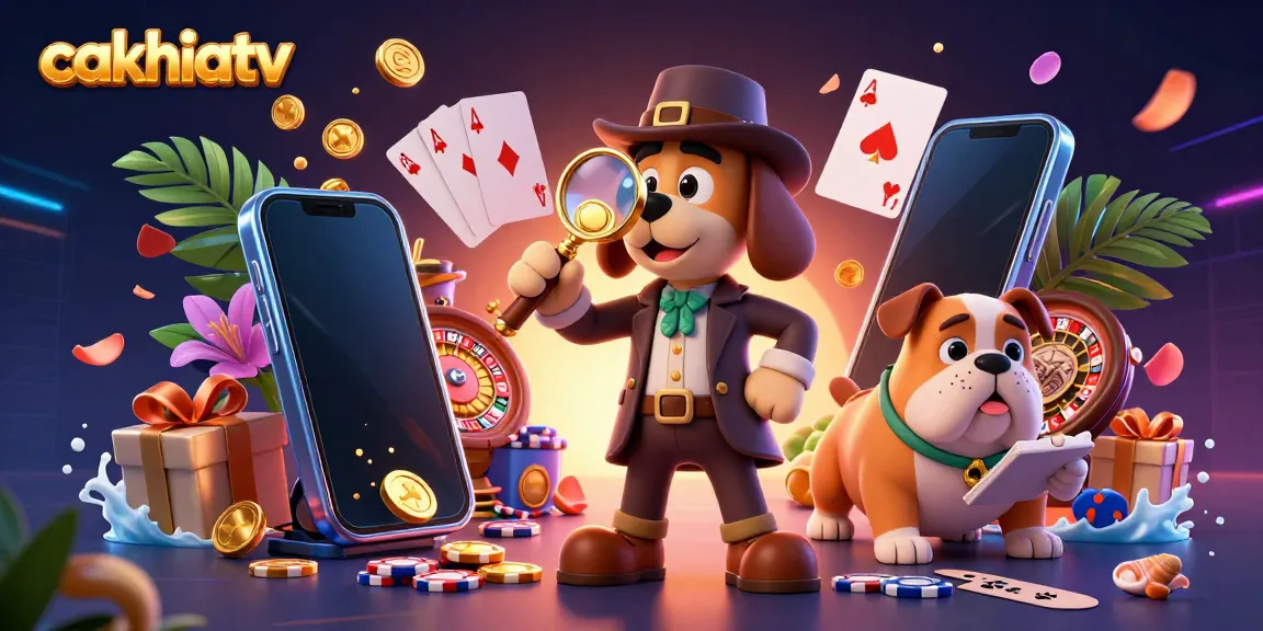 Cakhiatv showcases a lively 3D scene with a detective dog examining poker clues, surrounded by casino elements and vibrant golden coins.