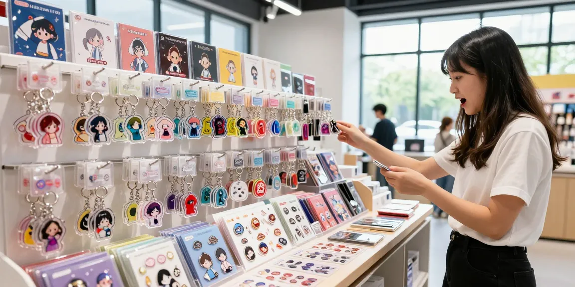 Custom acrylic keychain display in vibrant e-commerce shopping environment.