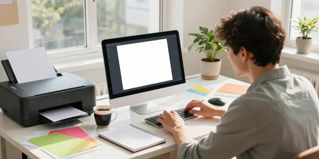 Creating diploma replacements online in a bright home office, showcasing templates and design tools.