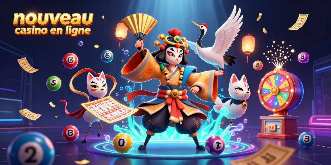 Jouer à un nouveau casino en ligne avec un guerrier kabuki et des éléments de loterie colorés.