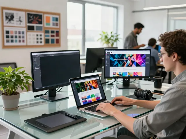 Professional designer creating exceptional website in a vibrant workspace, showcasing best site elements.