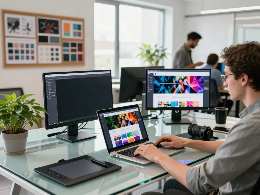 Professional designer creating exceptional website in a vibrant workspace, showcasing best site elements.