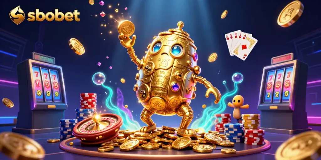 Engage with sbobet sports betting illustrated by a golden golem surrounded by dynamic gambling elements.