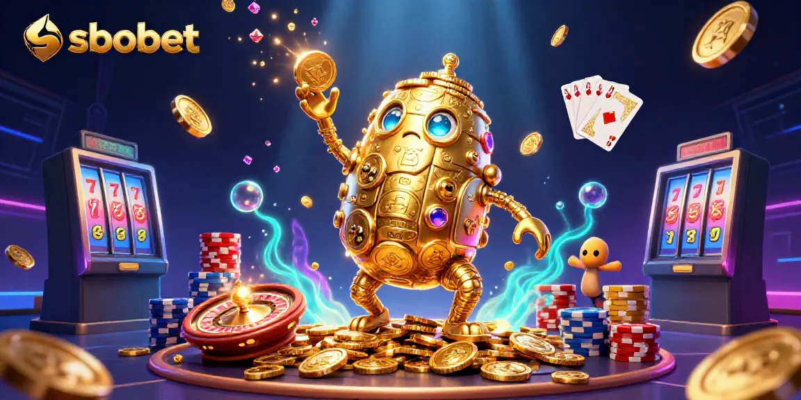 Engage with sbobet sports betting illustrated by a golden golem surrounded by dynamic gambling elements.