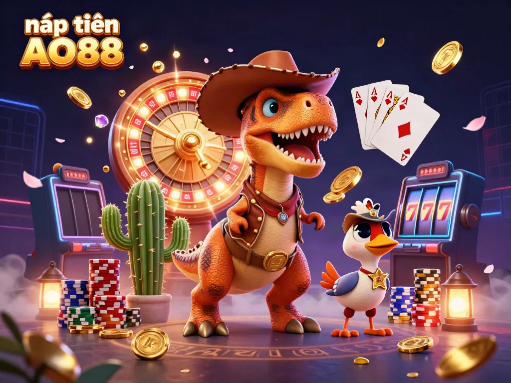 Engage in nạp tiền AO88 with exciting casino games illustrated by a vibrant 3D scene featuring fun characters.