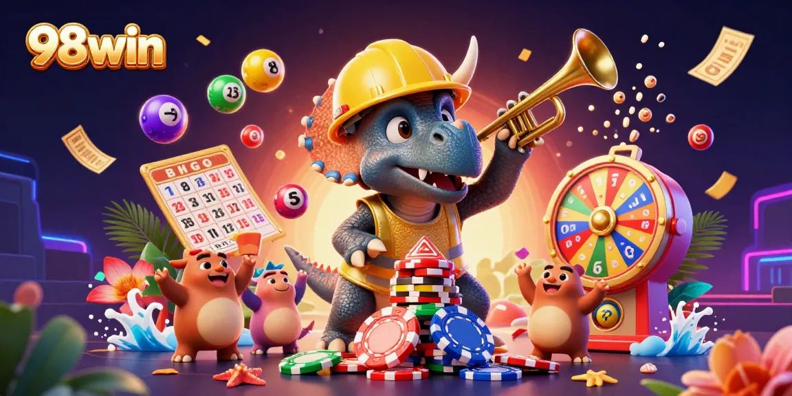 Experience 98win with vibrant lottery elements and joyful celebrations in a lively casino scene.