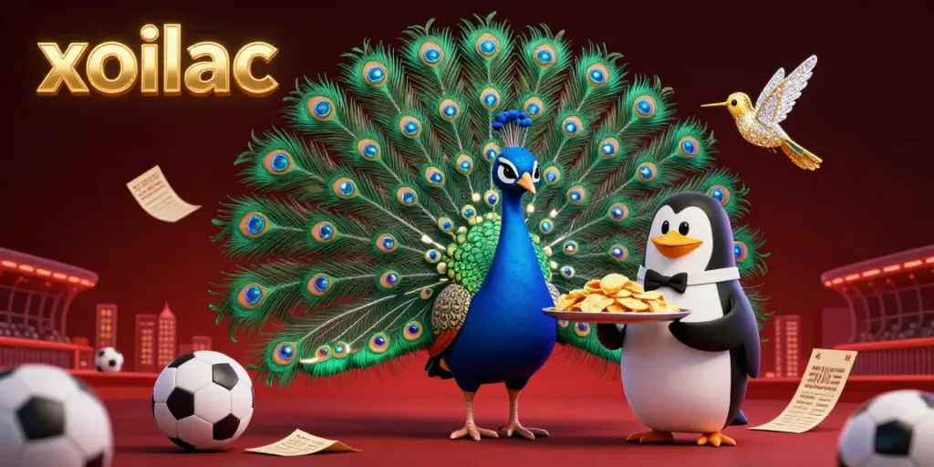 Xoilac features an energetic scene with a peacock, penguin, and hummingbird symbolizing sports betting excitement.