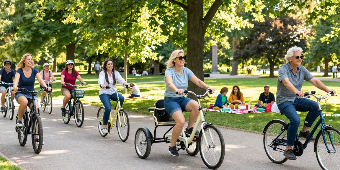 Adults riding tricycles in a sunny park, promoting joyful cycling experiences.