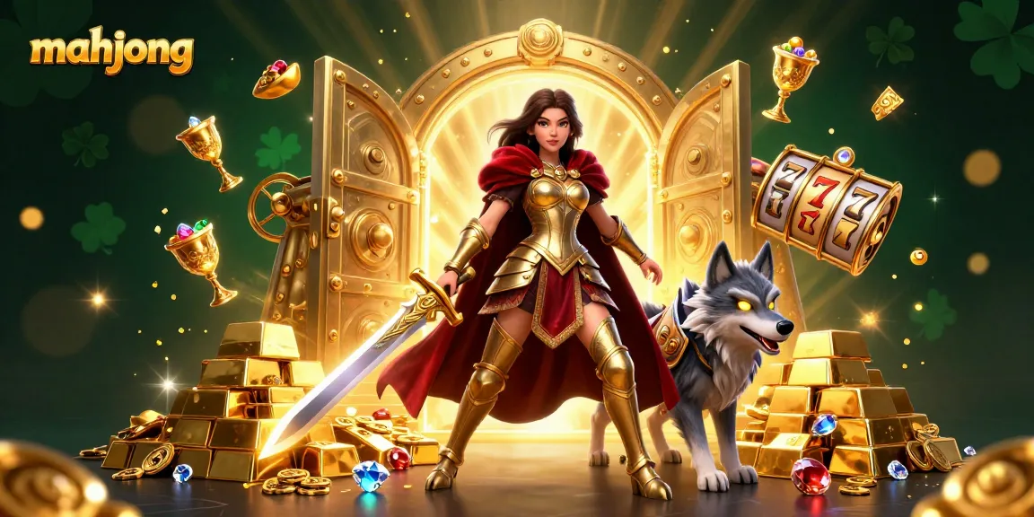 Experience thrilling gameplay with mahjong as a warrior queen triumphs in a luxurious casino scene.
