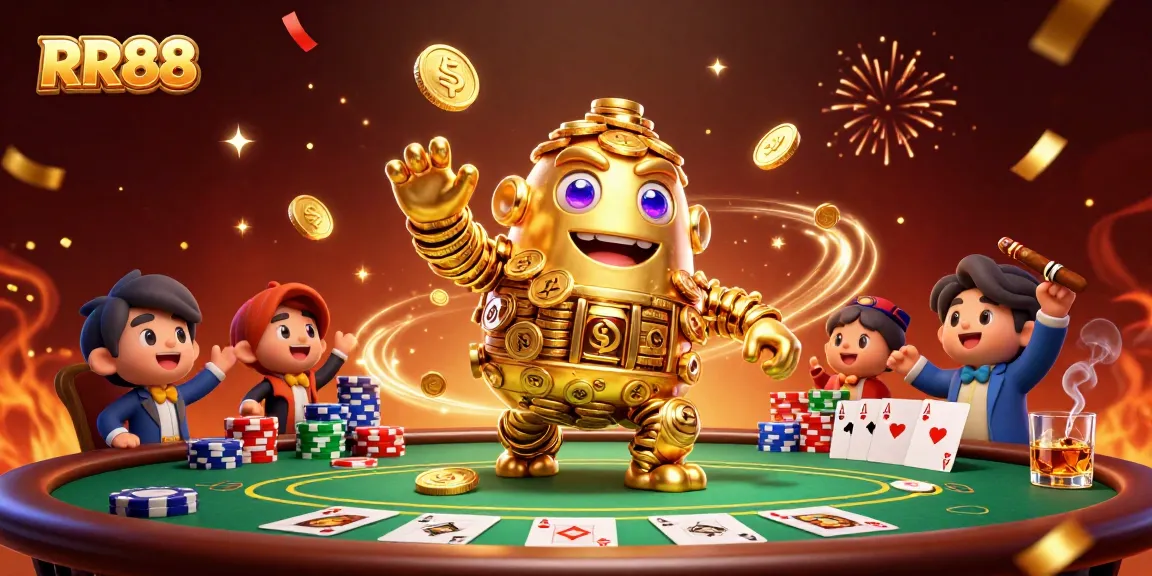 Experience the excitement of RR88 with a golem made of golden coins amidst colorful poker games.