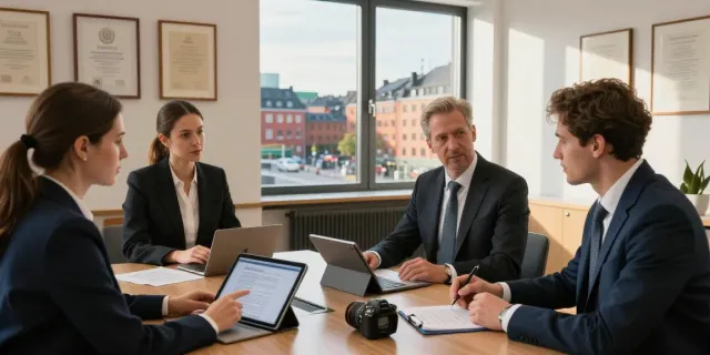 Lead Roedl's legal experts collaborating in modern Copenhagen office, showcasing professionalism and consultation.