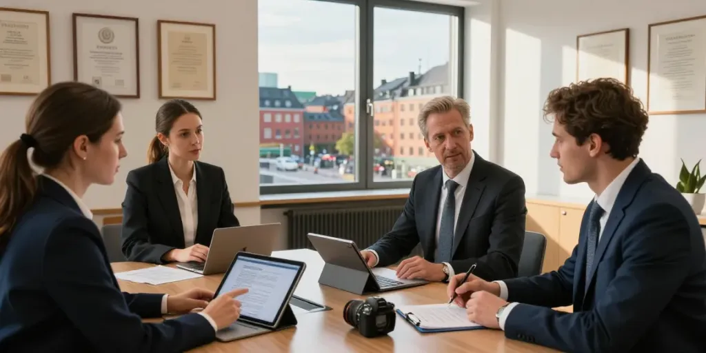 Lead Roedl's legal experts collaborating in modern Copenhagen office, showcasing professionalism and consultation.