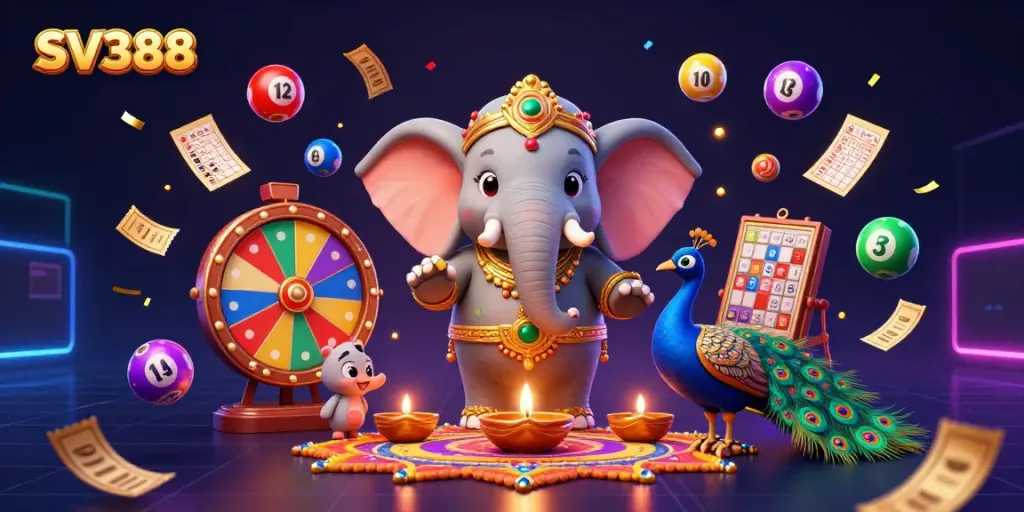 SV388 features a vibrant 3D scene with a colorful elephant, peacock, and lively gambling elements for an engaging gaming experience.