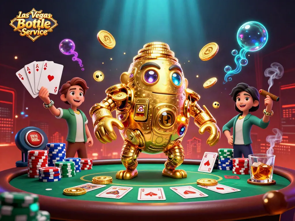 Engage in Las Vegas Bottle Service with a luxurious 3D scene featuring vibrant casinos and exclusive table setups.