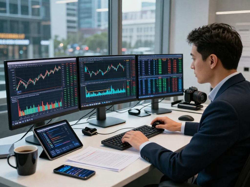 TradingView 多窗口行情分析场景,交易员专注于股票、外汇和加密货币图表,展示专业交易氛围。