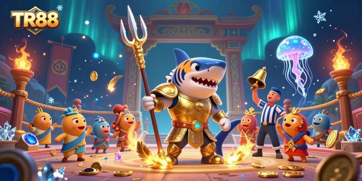 Experience thrilling gaming at TR88 with a gladiator shark in a vibrant underwater arena.