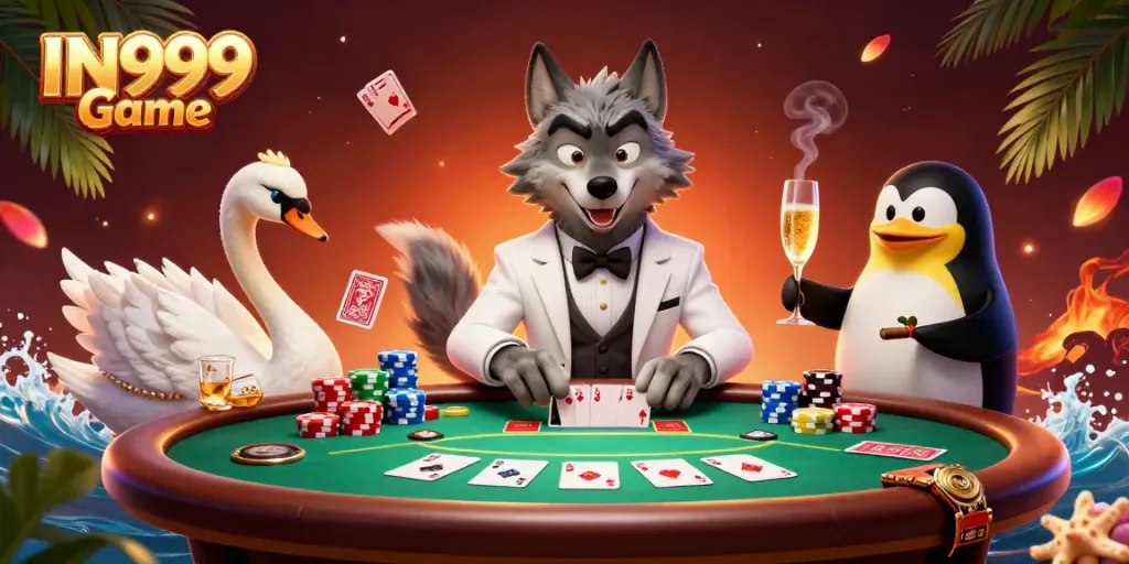 Experience the excitement of IN999 Game at a vibrant baccarat table with vivid characters and casino elements.