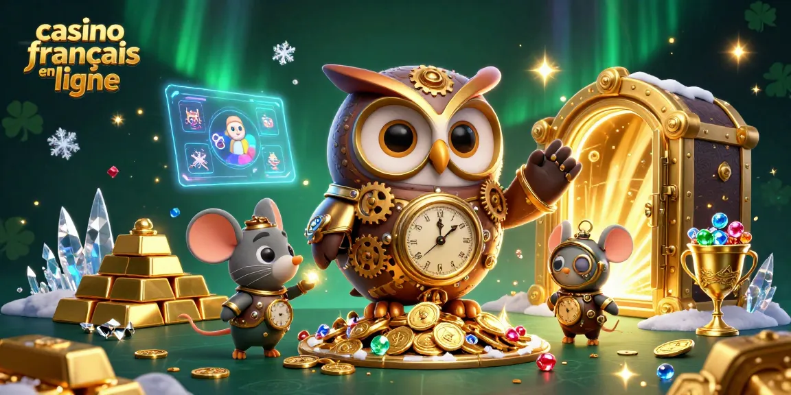 Découvrez le casino français en ligne avec notre illustration vibrante d'un hibou voyageur et ses trésors.