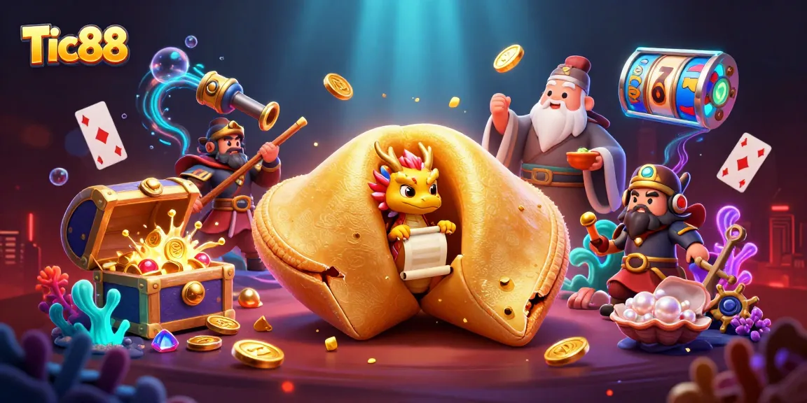 Tic88 captivates players with a vibrant 3D scene of a golden fortune cookie and dynamic gaming elements