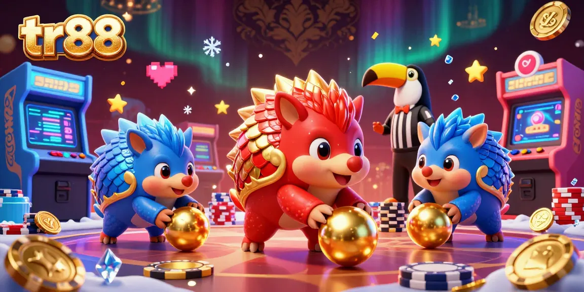 Engage in thrilling tr88 casino games with vibrant pangolins, poker chips, and dynamic arcade elements.