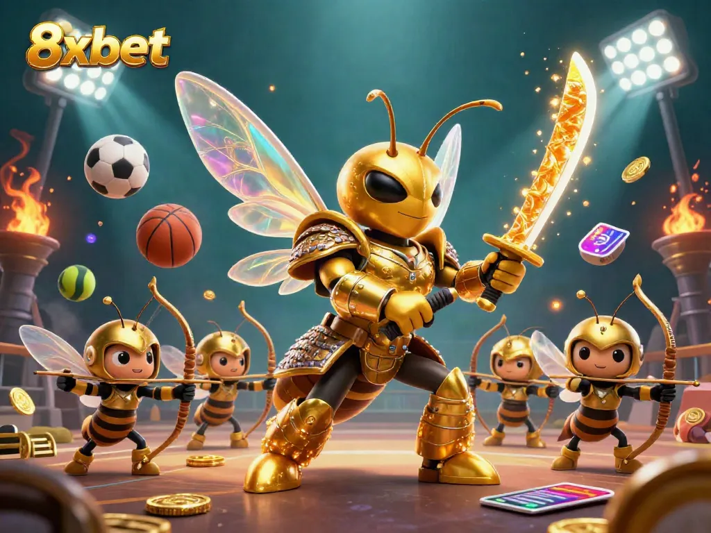 Bet on excitement with 8xbet, featuring a vibrant 3D illustration of a gaming scene with sports elements.