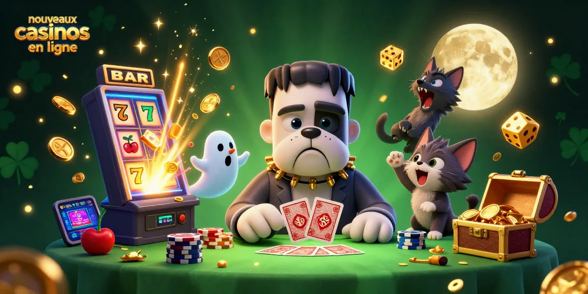 Illustration captivante des nouveaux casinos en ligne avec des personnages de casino fantaisistes et une machine à sous explosive.