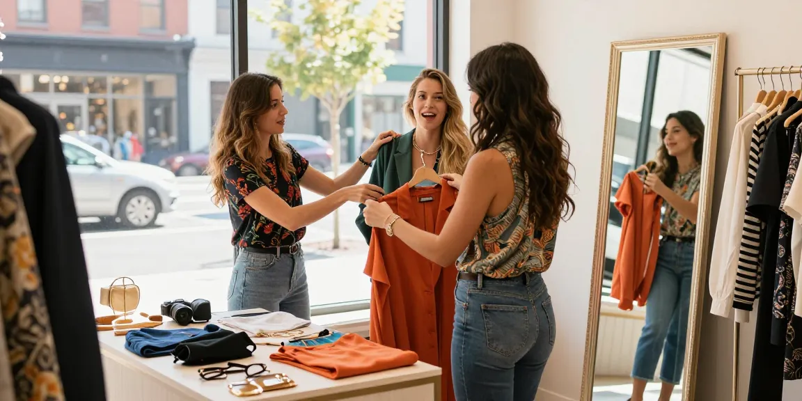 Personal shopping esperienziale in boutique, stylist aiuta cliente a rivelare il proprio stile.