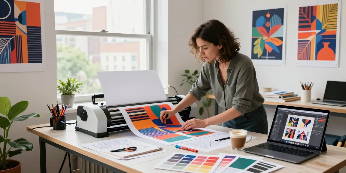 Designer operating poster making machines in a bright studio filled with design tools and vibrant materials.