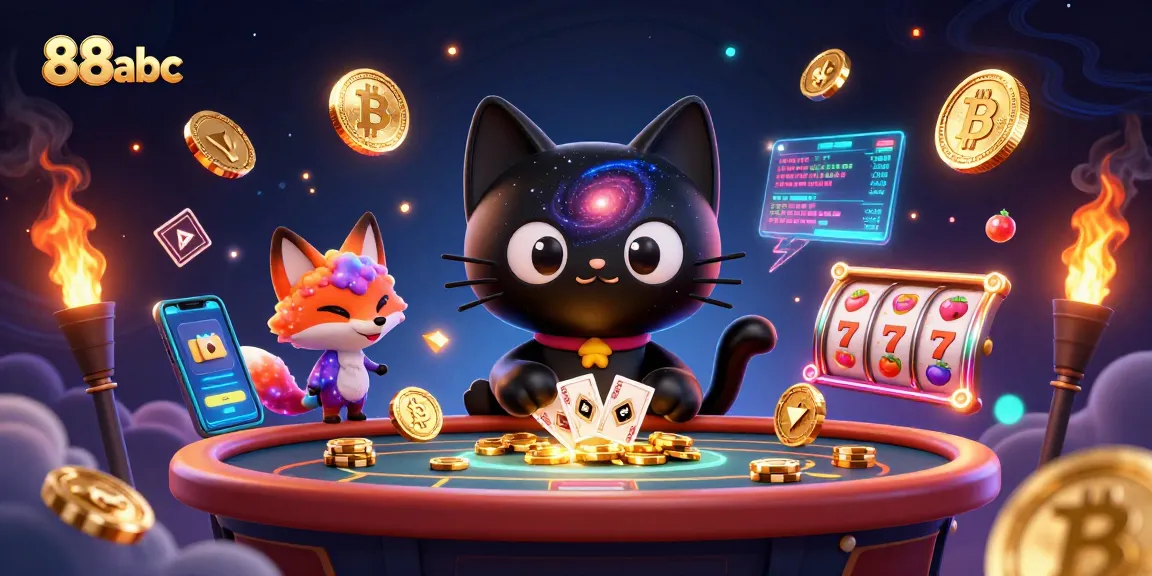 Engage in thrilling gameplay at 88abc, featuring a cosmic casino with a black hole cat and colorful elements.