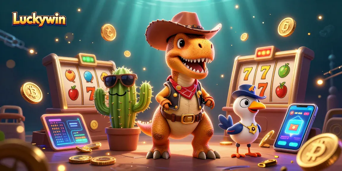 Engage with Luckywin as cartoon characters embody gambling excitement in a vibrant casino scene.