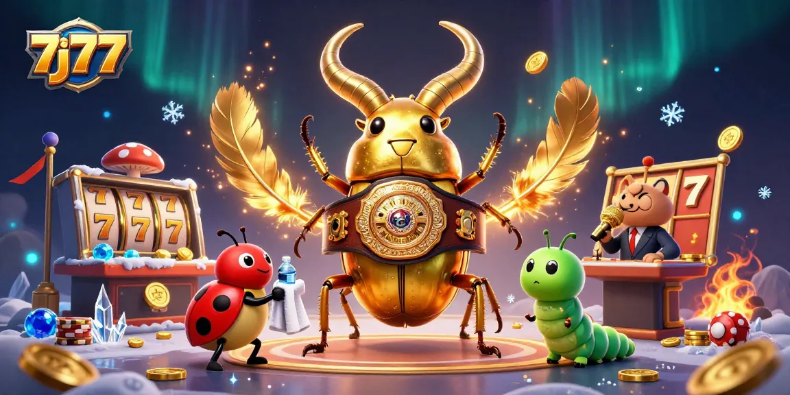 7j77 casino showdown featuring a golden stag beetle boxer in a vibrant arena with gold coins and slot reels.