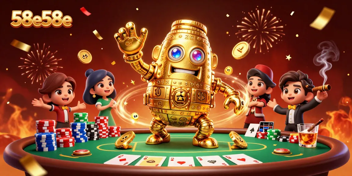 Experience the thrill of 58e58e with a vivid 3D casino scene filled with vibrant poker elements.