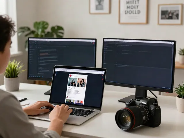 Viewing Instagram stories anonymously with Insanony in a modern home office setup.