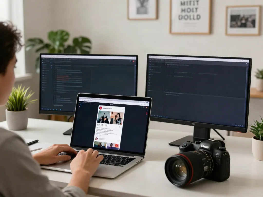 Viewing Instagram stories anonymously with Insanony in a modern home office setup.