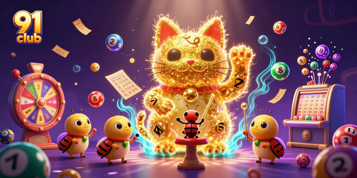 Experience the thrill of 91 club gaming with a vibrant illustration of a lucky cat amidst colorful symbols.