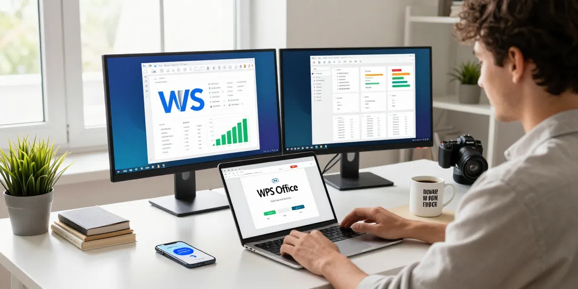 WPS Download in a stylish workspace with vibrant software templates on dual monitors.