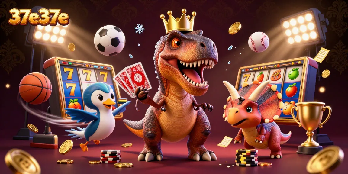 Engage in thrilling gaming with 37e37e featuring a T-Rex dealing cards and vibrant casino elements.