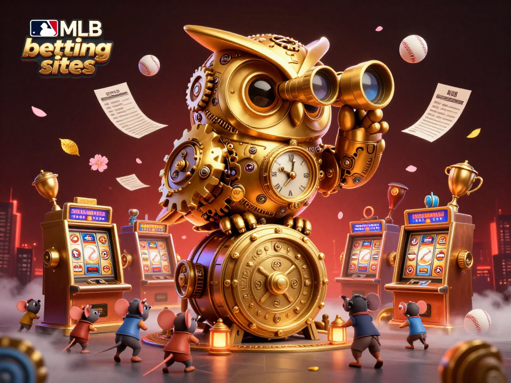 Engage with mlb betting sites featuring a vibrant scene of a clockwork owl and animated baseball slot machines.