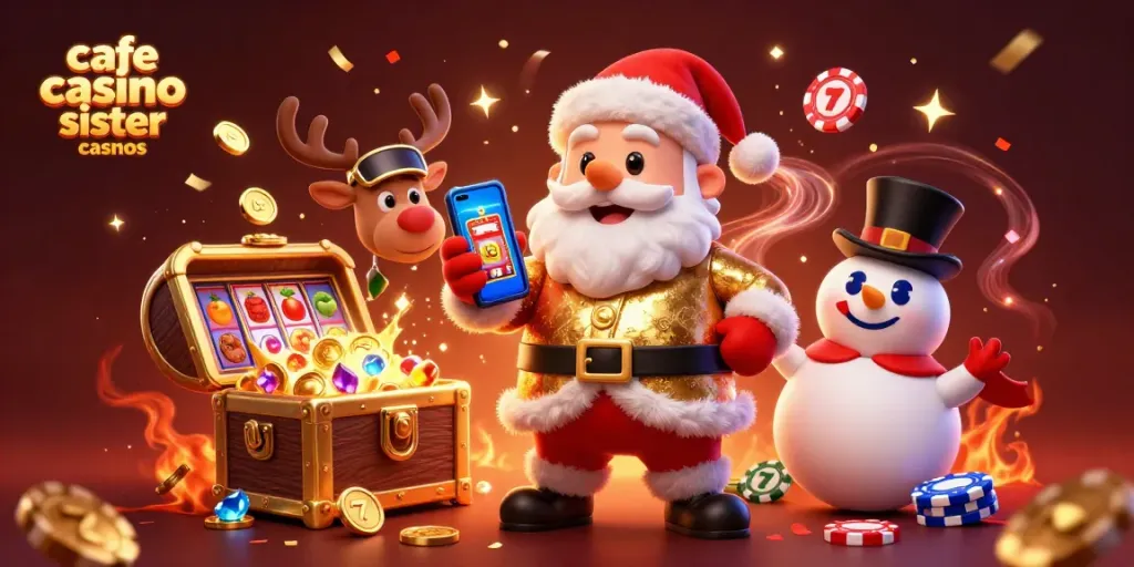 Cafe casino sister casinos scene with Santa and friends celebrating slots wins amid gold coins and dynamic casino elements.