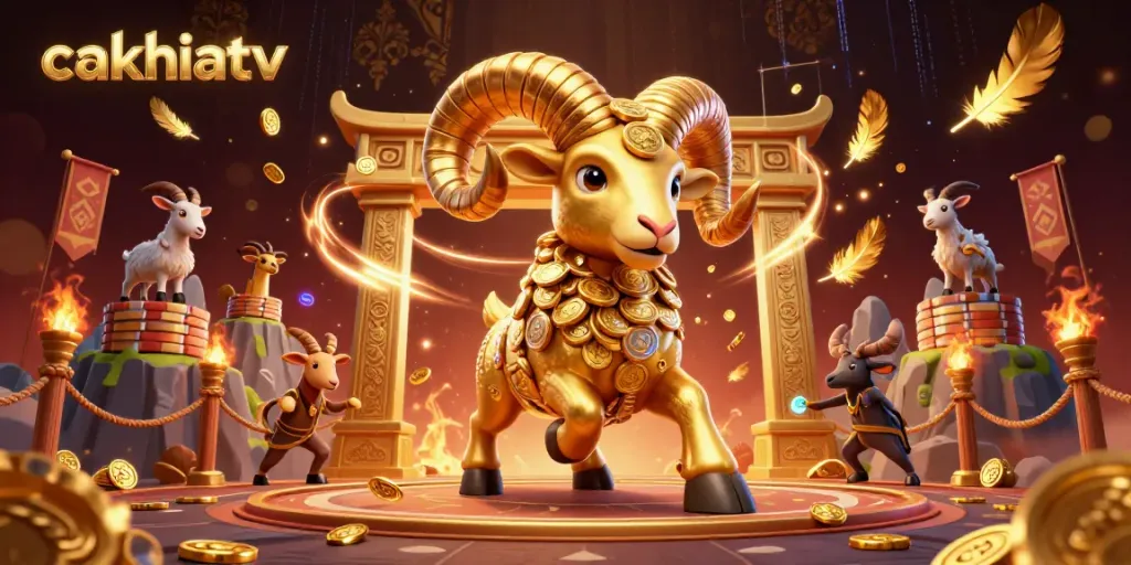 Engage with CakhiaTV as a golden ram charges through a decorated arena, showcasing a dynamic gambling scene.